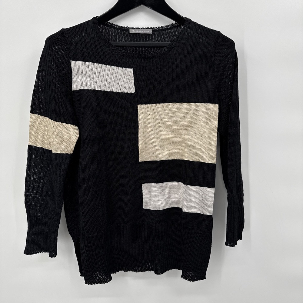 Barbara Katz Women M Viscose Linen Blend Sweater Black Modern Geometric Designer